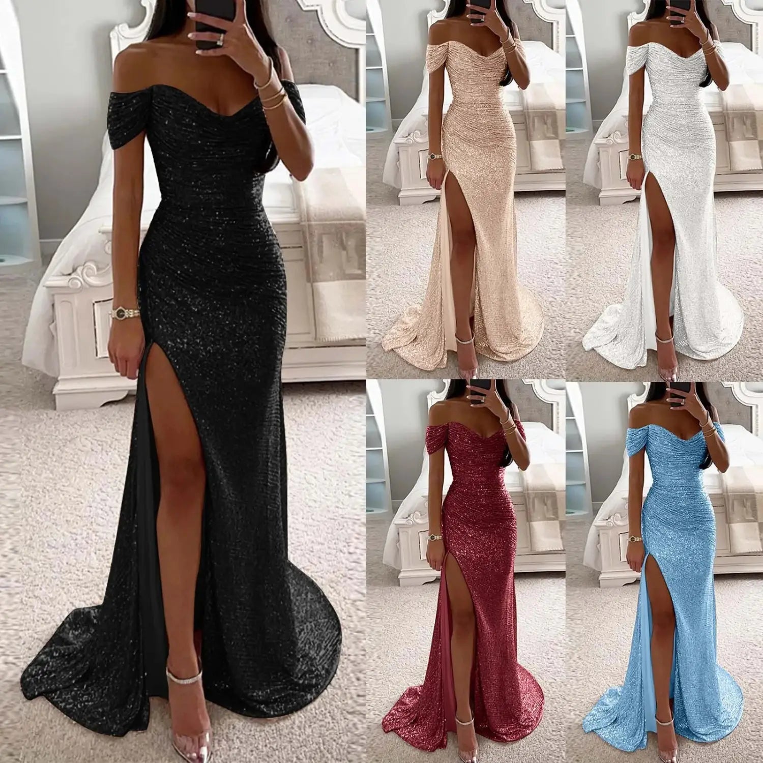 Black off-the-shoulder female creative solid color slit gown featuring sequined sparkling fabric with a high slit and flowing train.