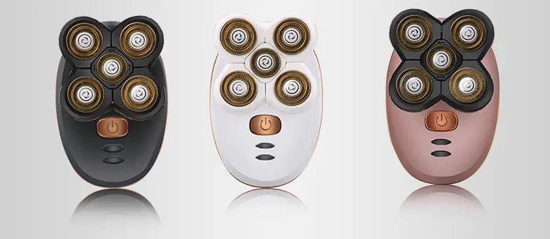 three sleek multifunction 4d electric shavers 5 in 1 razor with five rotary heads in black white and rose gold matte finish and copper power buttons designed for razor beard shaving and beard shaving machine use