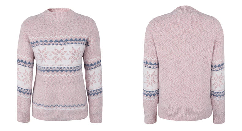 A soft pink knit winter snowflake sweater featuring traditional nordic-inspired white and muted blue snowflake motifs with a half turtleneck design.