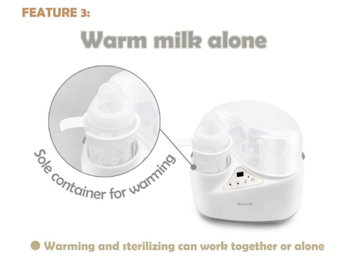 White digital baby bottle sterilizer with a clear dome lid, featuring a control panel and designed for efficient sterilization of baby bottles.