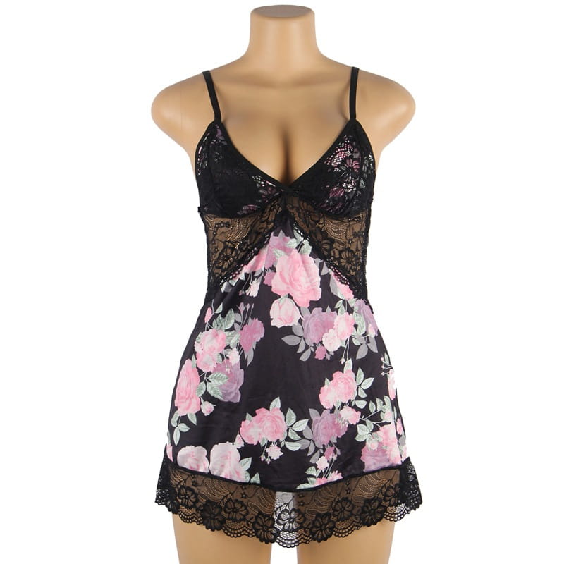 plus size embroidery patchwork lace black floral nightgown with delicate pink roses and gray leaves featuring lace trim along the neckline waistband and hem