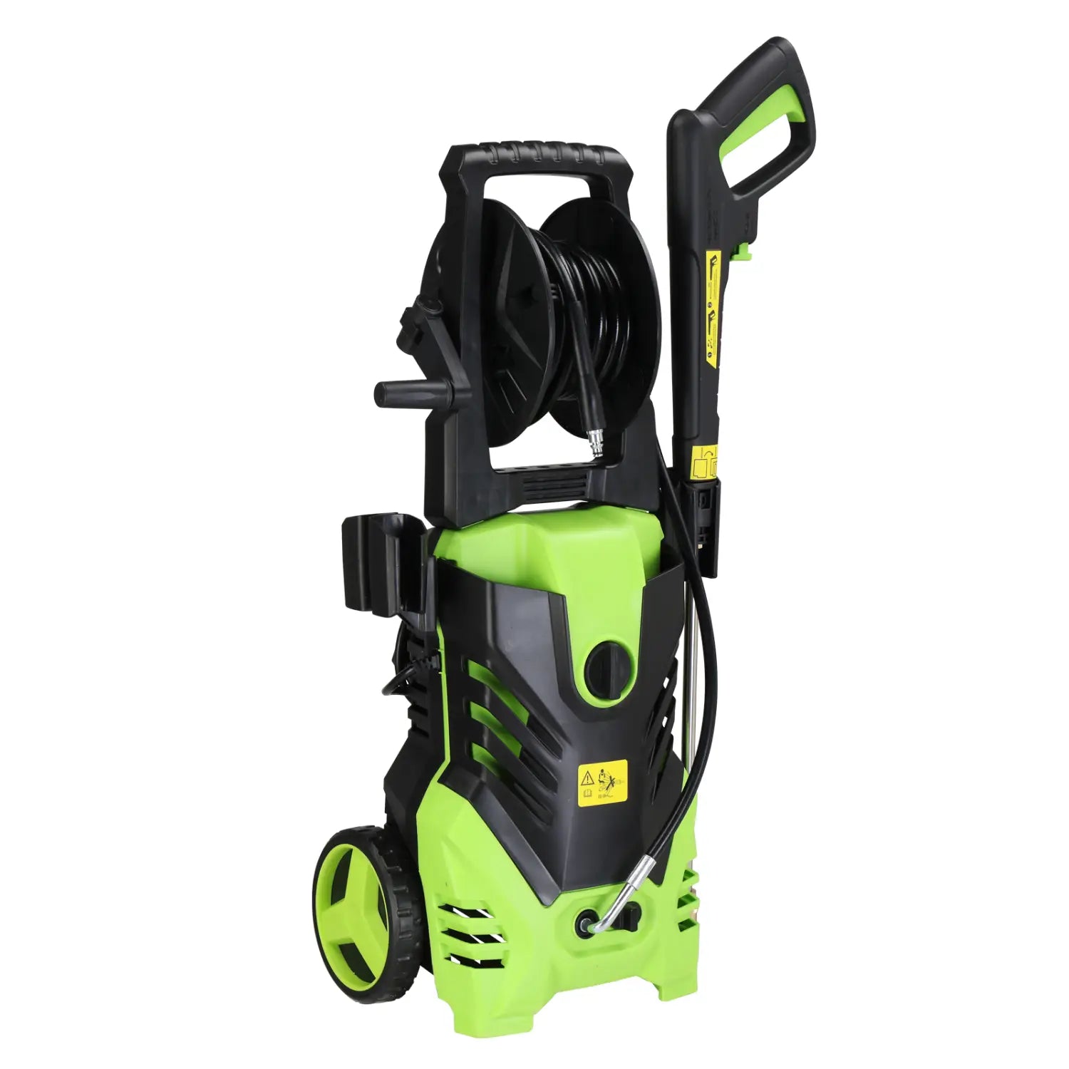 green and black high pressure cleaner with coiled hose handle and wheels designed for effective pressure cleaning tasks
