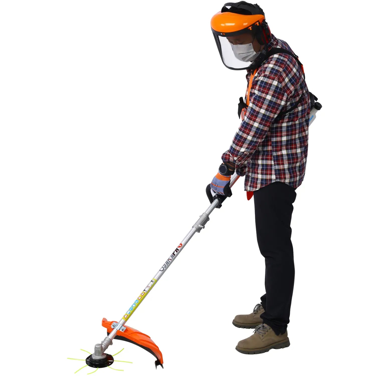 Orange and silver brush cutter hedge trimmer multi tool set featuring a transparent face shield worn by the operator for safety in plastic pruning tools and brush cutter applications.