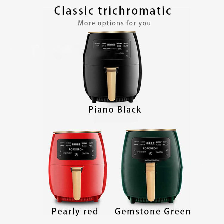 The smart touch air fryer with digital display showcases three roronron classic trichromatic models in piano black, pearly red, and gemstone green with a sleek stainless steel design.
