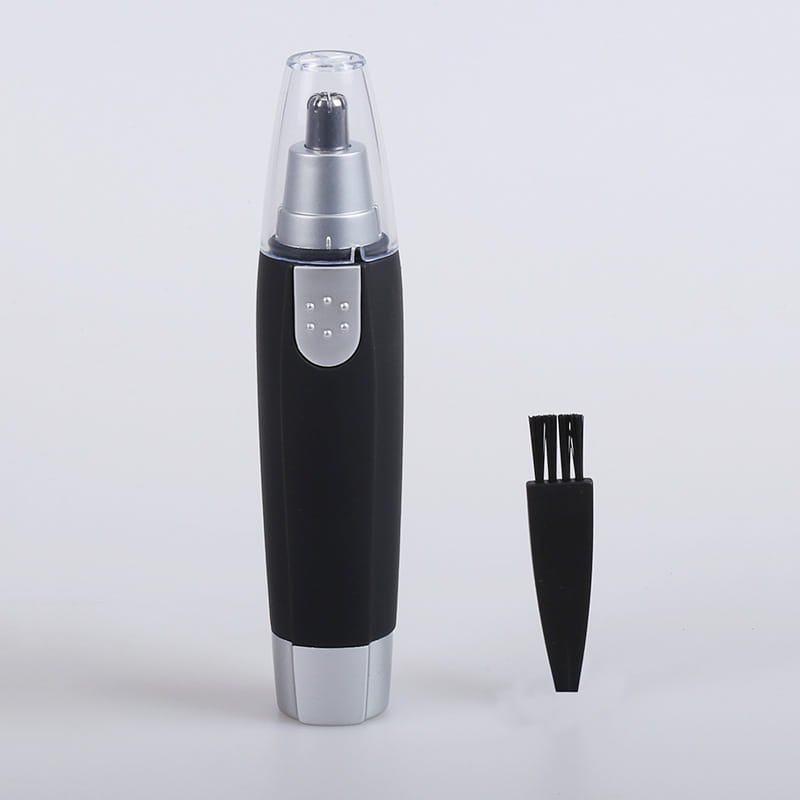 Black and silver electric nose hair trimmer for men and women with clear protective cap for safe grooming of nose hair.