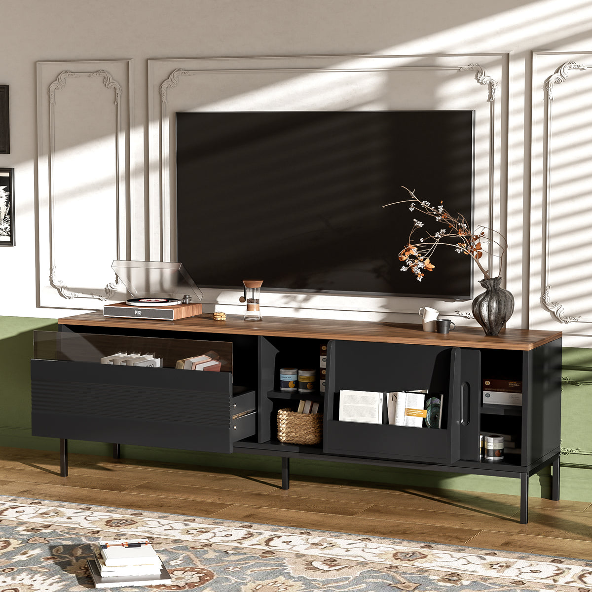 Walnut modern TV stand with metal frame and sliding doors