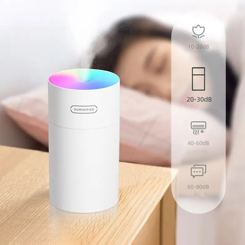 White cylindrical second generation colorful cup humidifier USB with a colorful rainbow-lit top and humidifier label on the side.