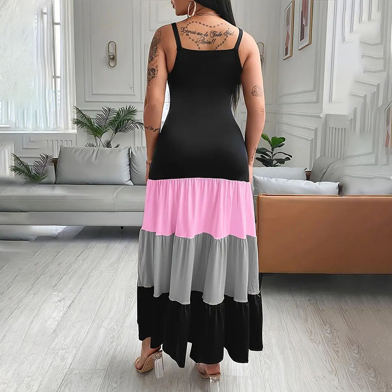 Women's Color Block V Neck Spaghetti Strap Maxi Evening Dress