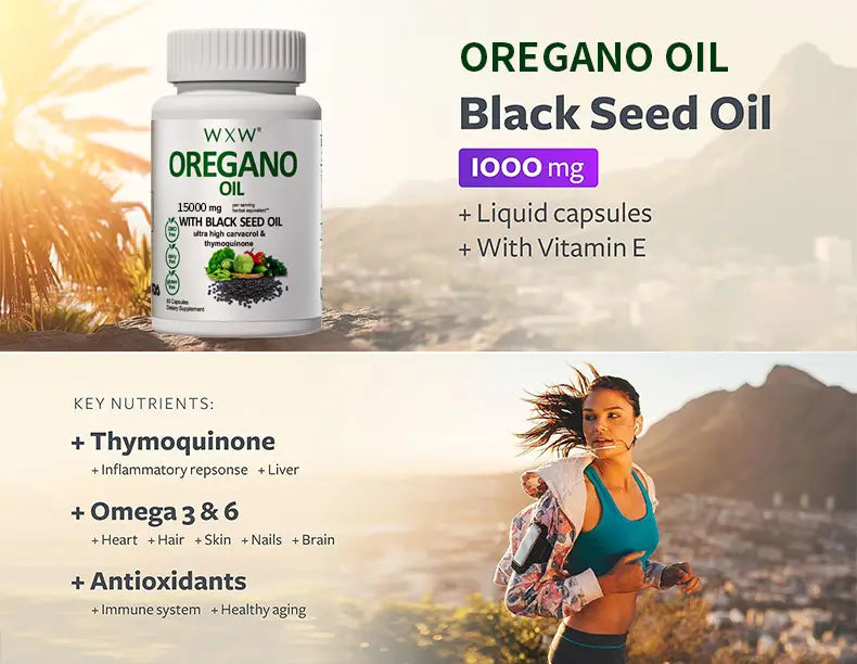 white plastic bottle of wxx black seed oil capsules labeled 1500 mg per capsule with oregano oil and vitamin e