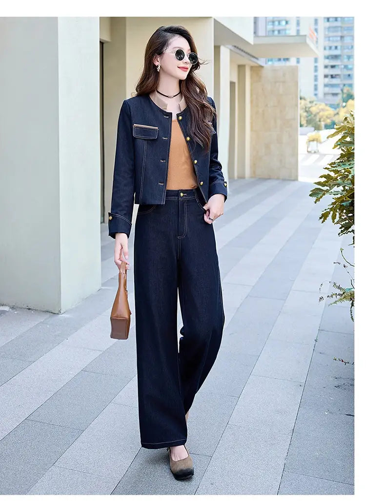 Dark blue denim casual denim jacket with gold-tone buttons and flap pockets from the elegance retro casual denim jacket and pants set.