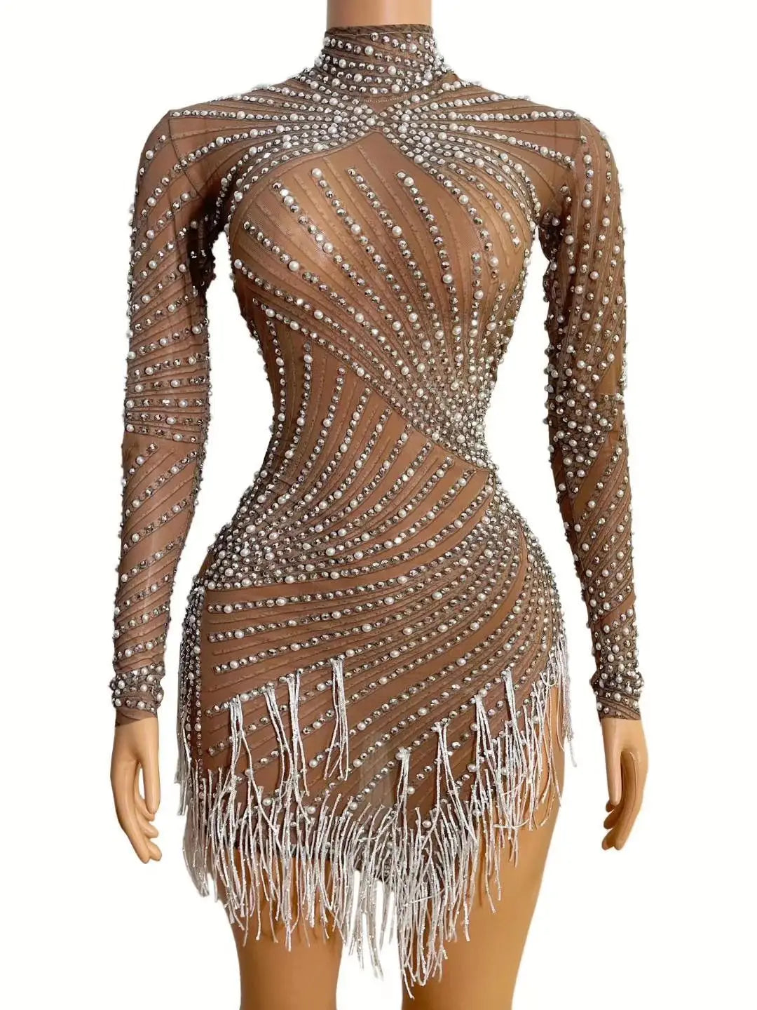 a shimmering brown mesh sheer beaded tassel dress with intricate silver beading and cascading white fringe designed for a dress birthday party or birthday party long sleeve occasion