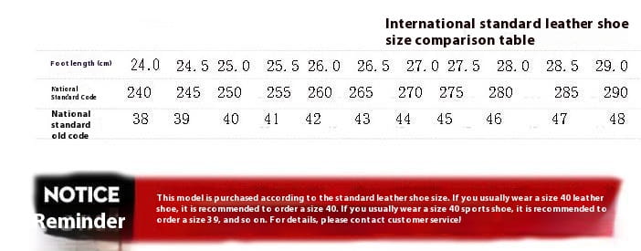 black glossy business casual leather loafers size comparison table with international standards in centimeters and national codes for casual leather shoes.