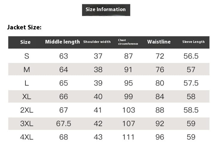 size information chart in centimeters for a light blue tailored business suit jacket with gold buttons displaying measurements from size s to 4xl including options for wine red suit variations.