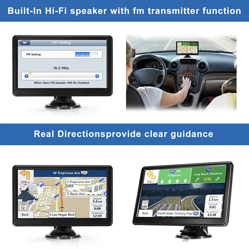black rectangular portable 7-inch on-board gps navigator for car wagon with built-in hi-fi speaker and fm transmitter displaying real-time directions on screen