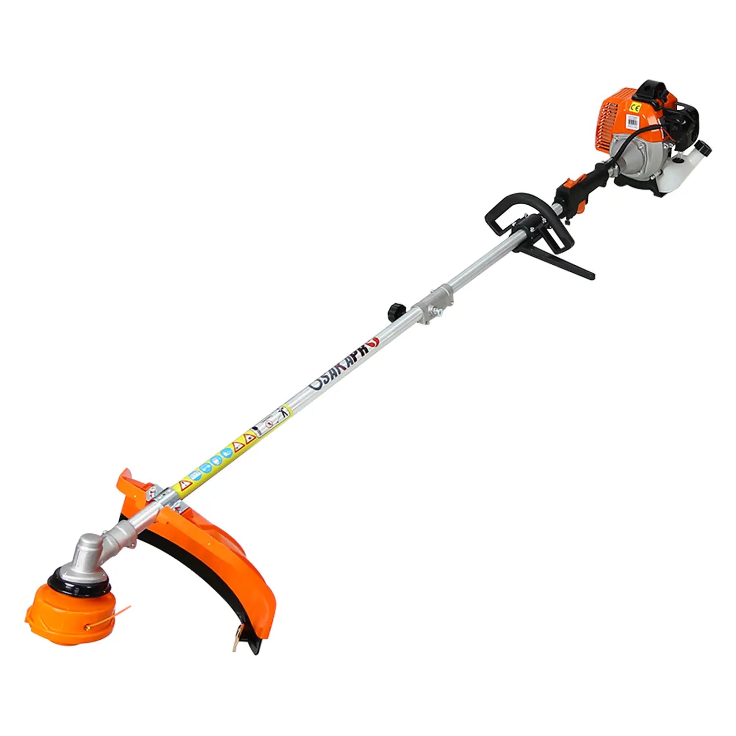 Orange and black gas-powered hedge trimmer and brush cutter multi tool set with a silver shaft and ergonomic handle designed for efficient trimming and cutting tasks.