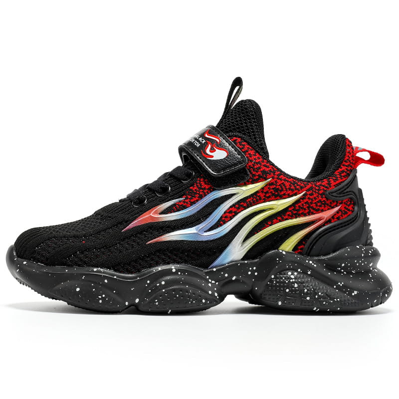 Black mesh boys sneakers fashion with vibrant red and multicolored flame design and chunky speckled sole perfect for sneakers fashion mesh collection.