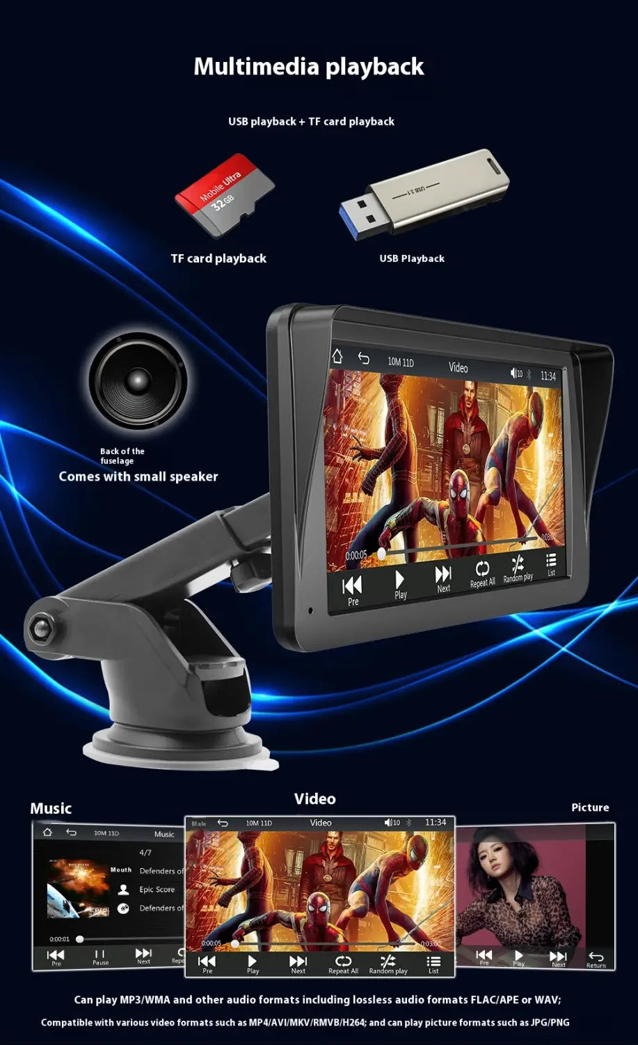 Black 7 inch portable car player hd large touchscreen display showing spider-man video with usb and tf card playback capabilities for large screen vehicle entertainment.