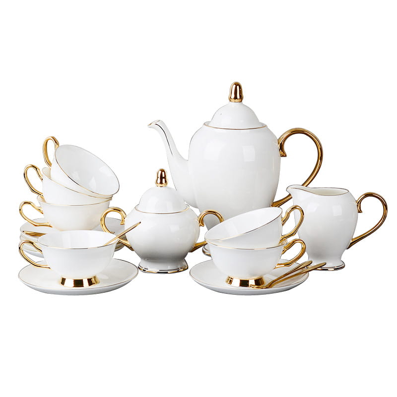 Elegant white bone china coffee cup and saucer afternoon tea set with gold accents and handles crafted from porcelain.