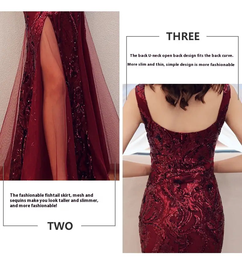a shimmering burgundy fishtail long summer sequins evening gown with an open back design and sling straps suitable for formal occasions