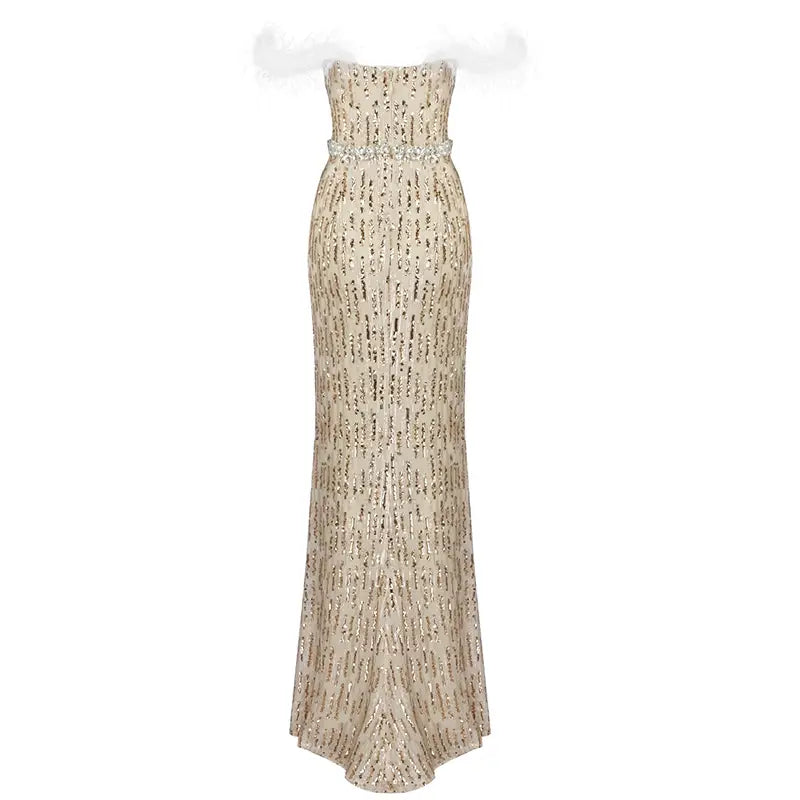 a feather raglan large slit evening dress in champagne hue featuring shimmering sequins and a delicate beaded belt at the waist for a large slit sexy look