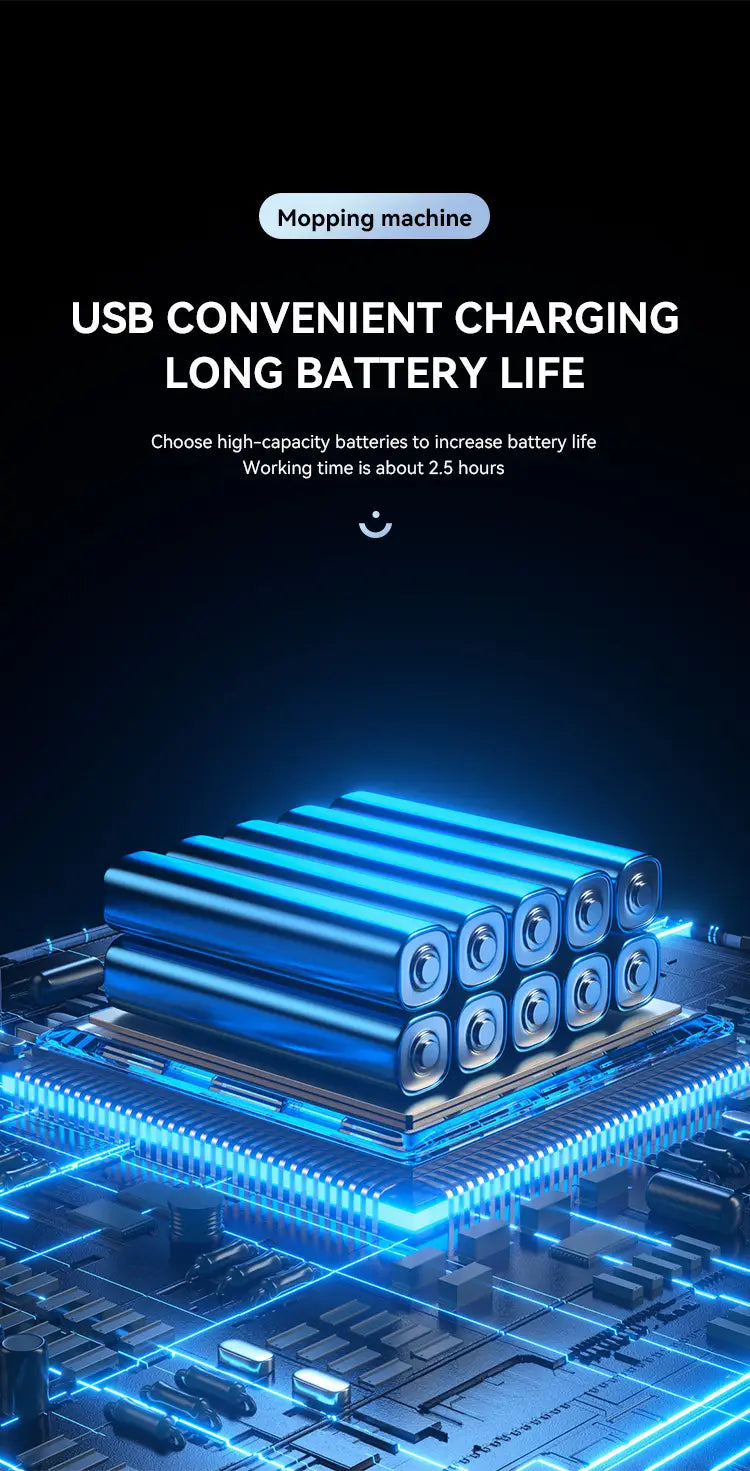 blue cylindrical batteries arranged in a grid on a glowing circuit board inside the smart home wet and dry humidifier mopping machine provide efficient power for optimal performance.