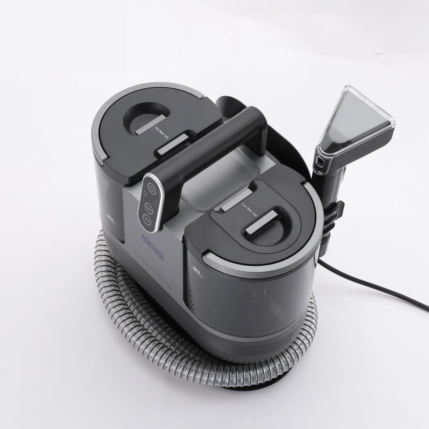 Black and gray 3in1 stain removal cleaner carpet sofa with hose featuring a coiled hose and attachments for effective cleaner carpet sofa use.