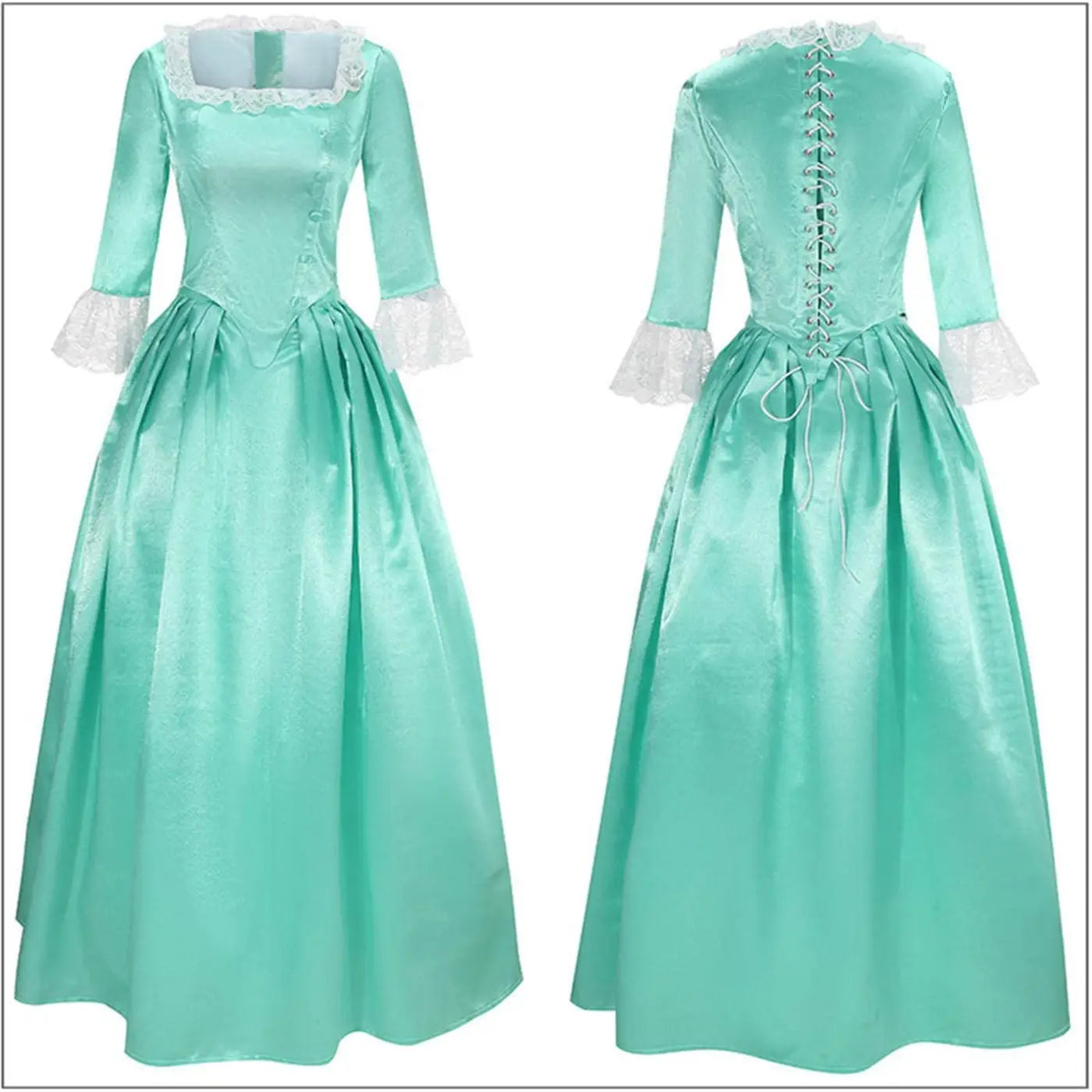 teal satin victorian palace dress with lace trim at the neckline and cuffs featuring a fitted bodice and full skirt for palace dress stage performance.
