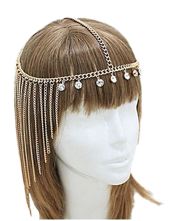 Gold-toned chain long tassel head chain hair accessories female adorned with dangling crystal beads and cascading chains for elegant accessories female hair styling.