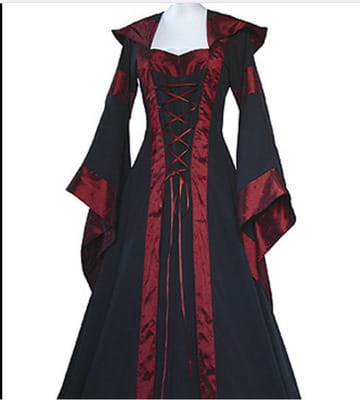 A black and red hooded medieval revival victorian dress featuring a corseted bodice, long flowing sleeves, and decorative lace-up detailing ideal as a halloween dress revival or dress revival victorian.