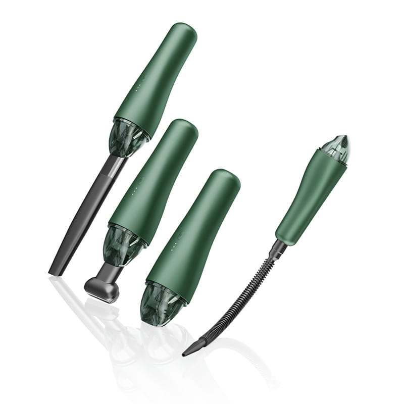 Set of four green wireless vacuum cleaners with transparent nozzles and flexible attachments for car and household use