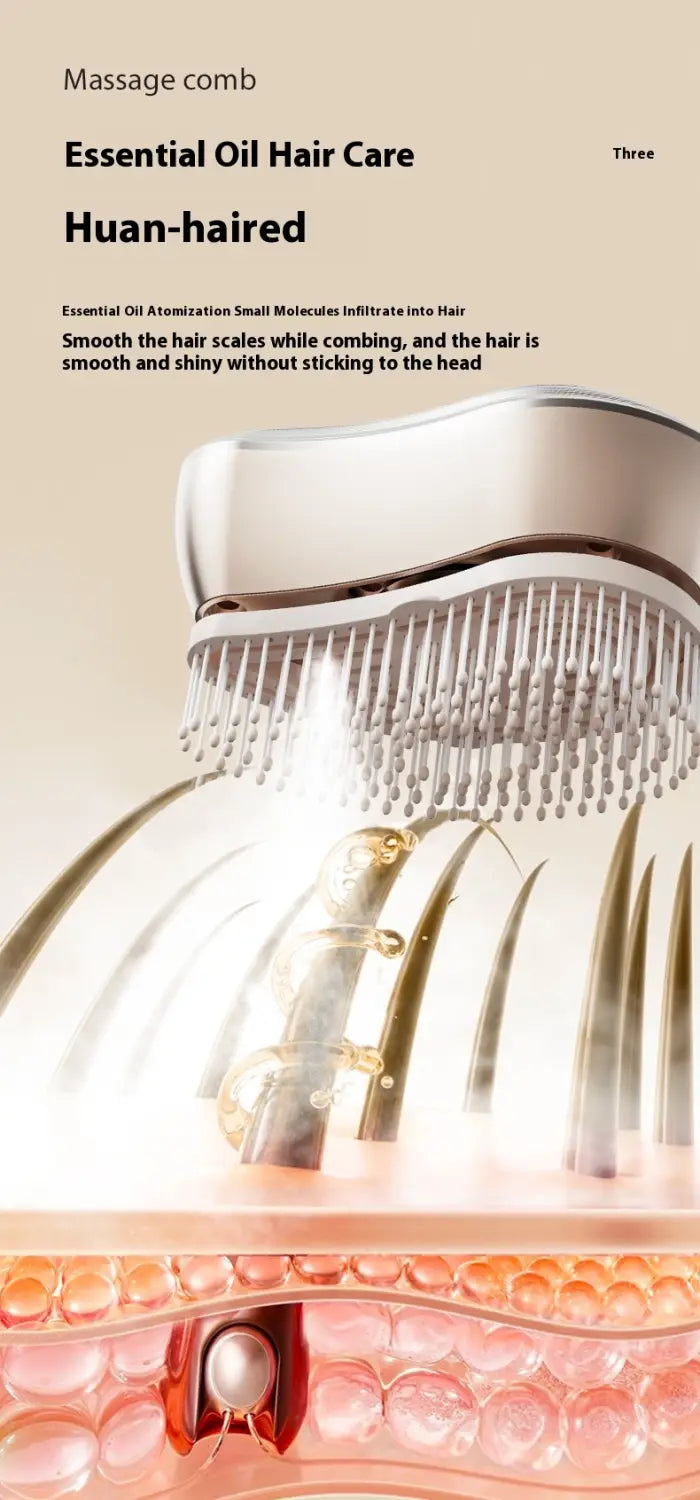 Silver-toned electric spray massage comb with fine, evenly spaced bristles designed for hair care spray and essential oil application.