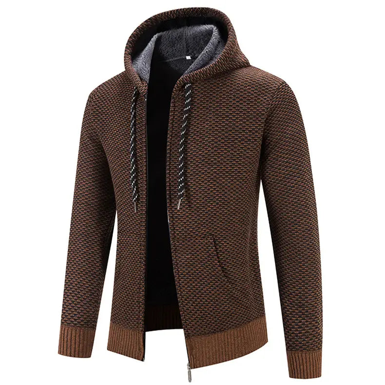 brown textured knit hooded winter coat zipper with gray fleece-lined interior and ribbed cuffs featuring a coat zipper closure solid design