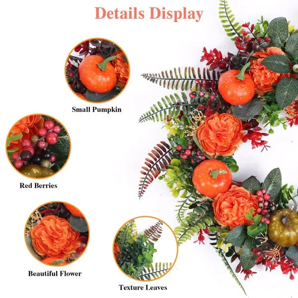 18" Autumn Harvest Wreath with Pumpkins, Berries & Fall Leaves - Front Door Decor
