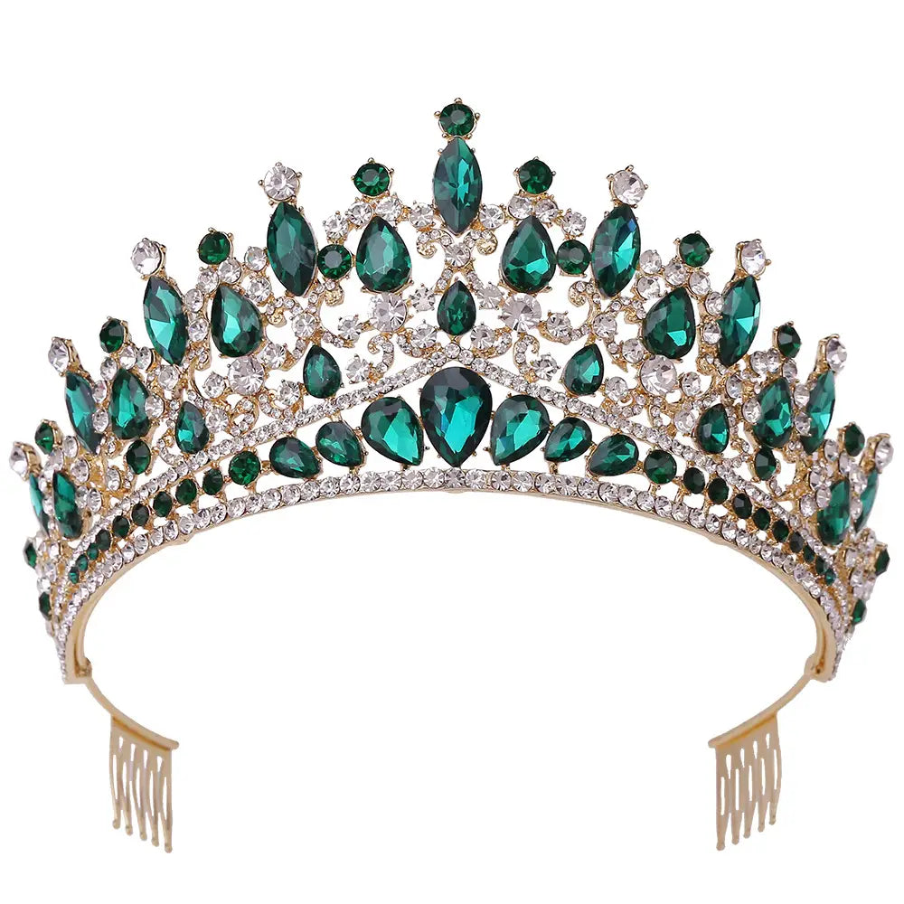 A sparkling gold fashion bridal knot tiara adorned with emerald green and clear crystal teardrop stones.
