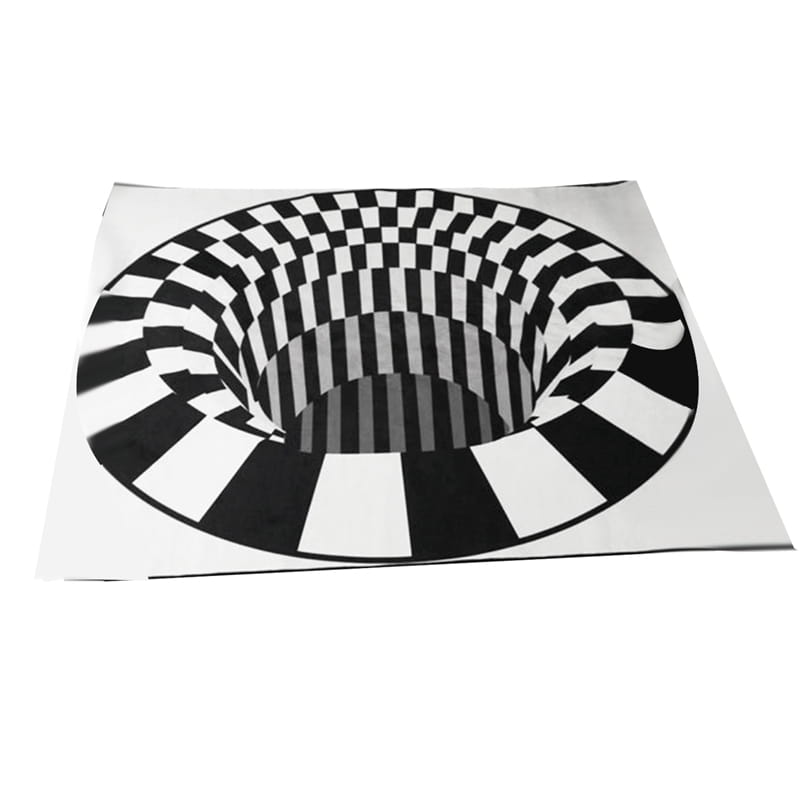 a 3d vortex carpet black featuring a black white grid design creating an optical illusion mat perfect for modern interiors