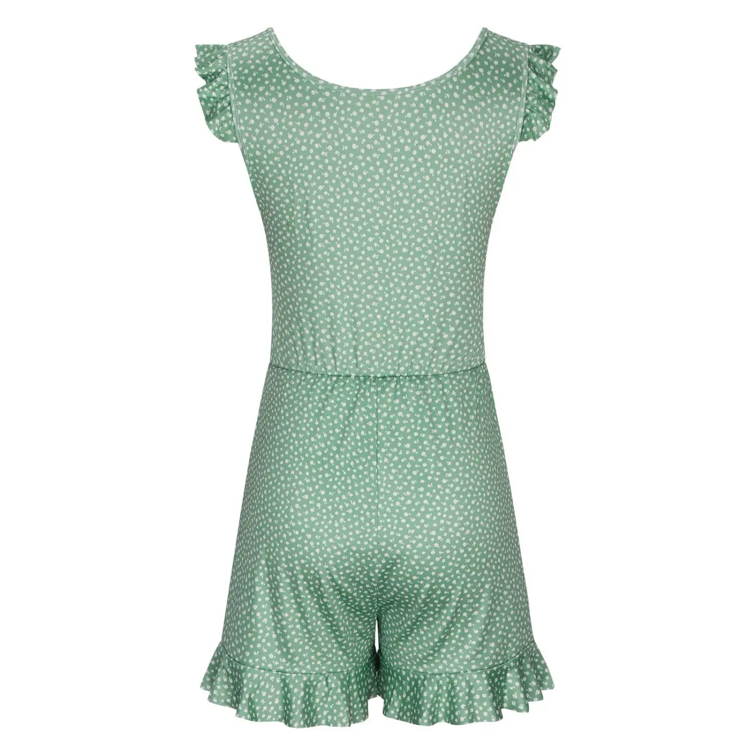 A light green solid color printing bikini ruffled romper swimwear with white polka dots and ruffled sleeves and hem.