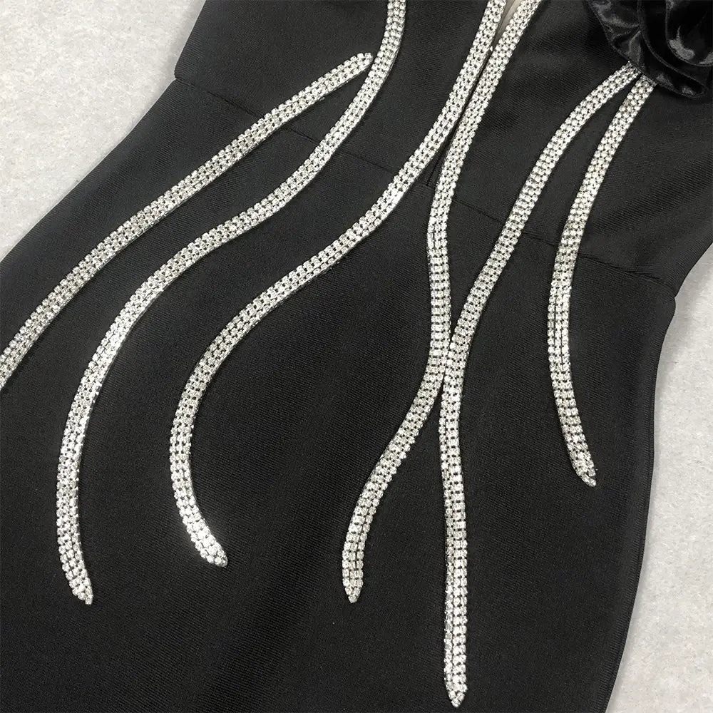 Black evening dress from the White Temperament Socialite Flower Chain collection featuring a flowing silver rhinestone trim exemplifying style temperament socialite fashion.