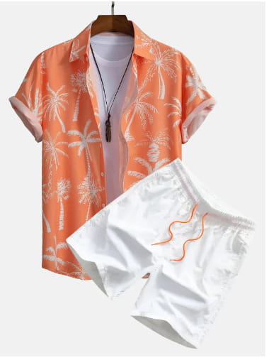 orange short sleeve beach shirt suit with white palm tree print and pink inner lining paired with matching white shorts featuring orange stitching details.