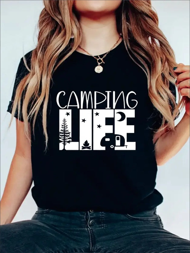 Camping Life Graphic Print Solid T-Shirt, Crew Neck Short Sleeve Casual Top For Summer & Spring, Women's Clothing - Royalessencelux