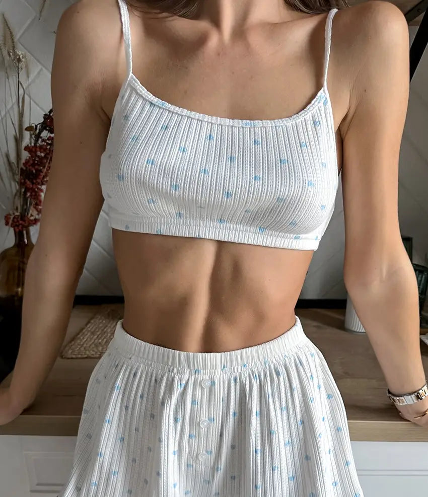 White knitted heart printing ribbed crop top with light blue polka dots from a heart printing comfortable loungewear set.