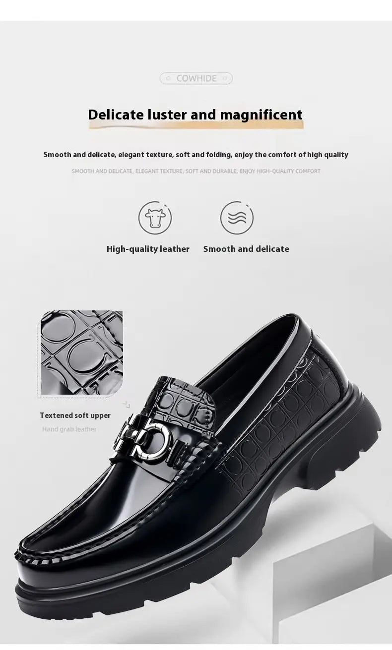 Black patent horsebit platform retro casual shoes featuring black crocodile-embossed leather loafers with a metallic buckle and chunky sole ideal for platform retro casual wear.
