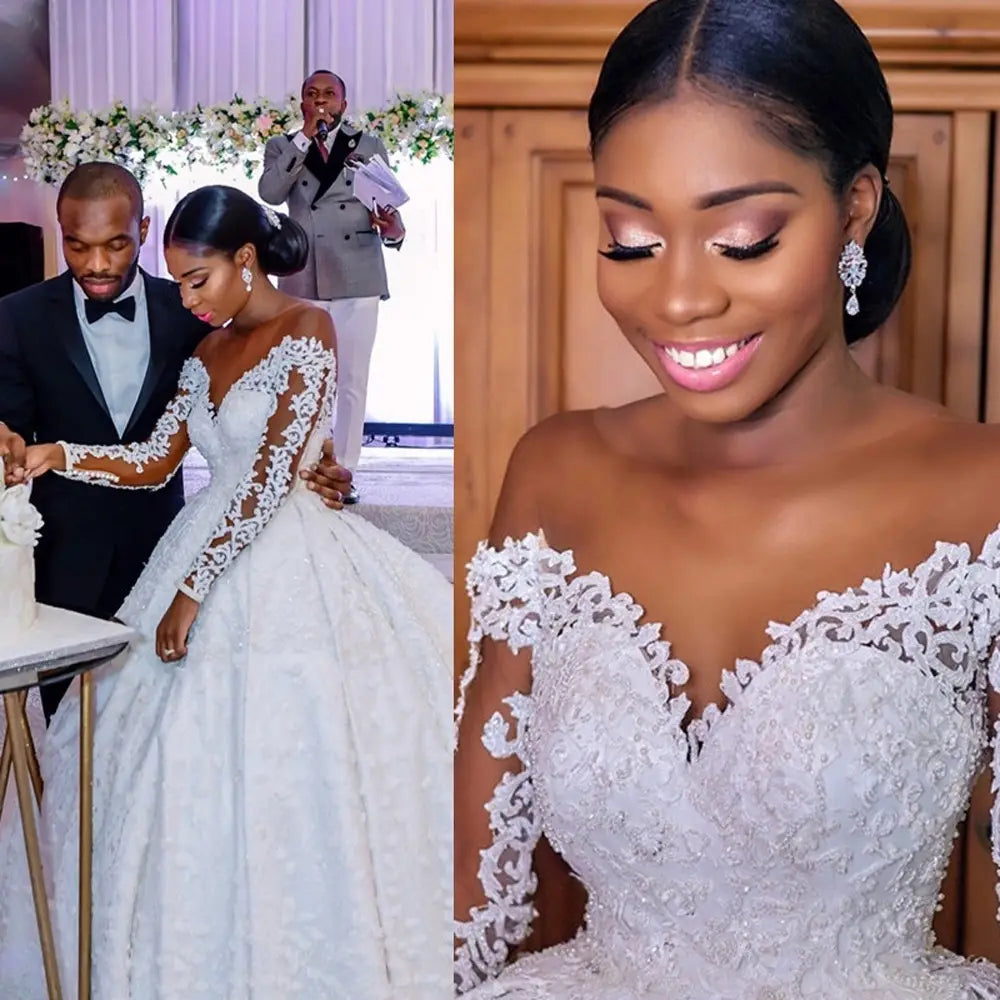 white lace wedding gown with long sleeves and a sweetheart neckline designed as a custom wedding gown for bridal occasions