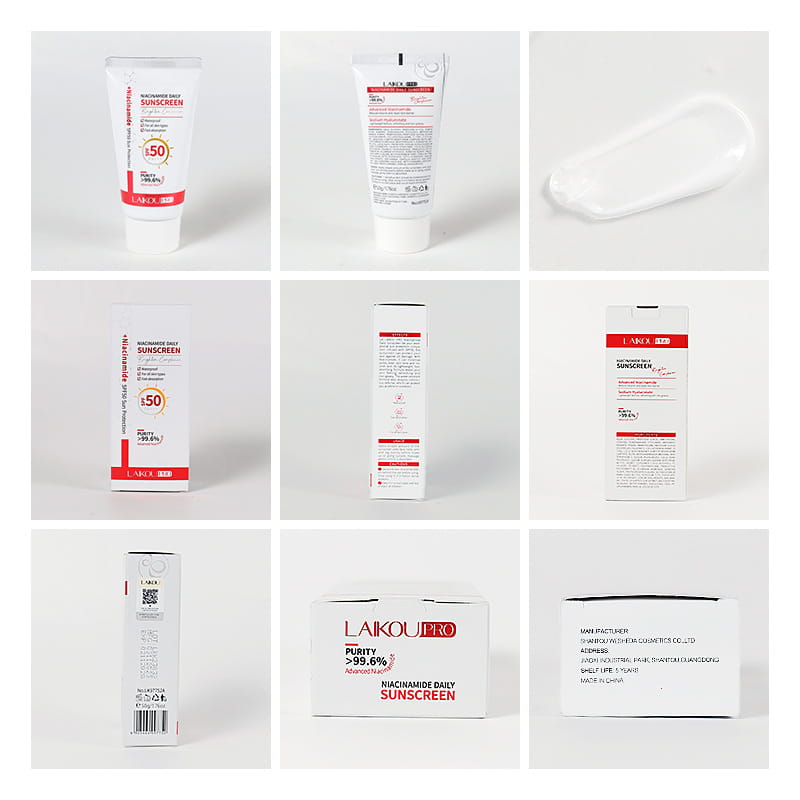 White tube of Laikou Pro niacinamide daily sunscreen with SPF 50 and a red label featuring the brand name Nicotinamide Day 50g moisturizing isolation for sun protection and hydration.