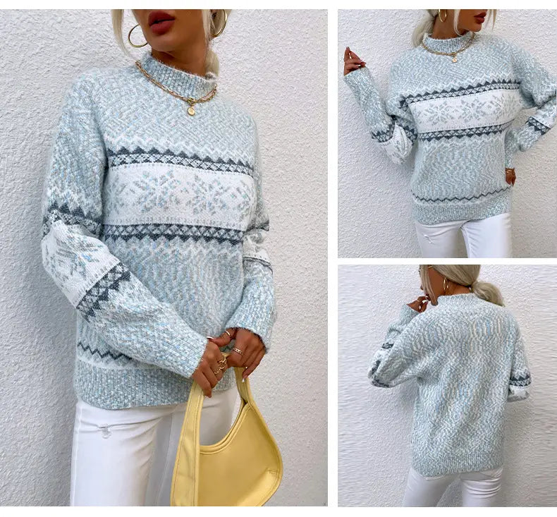 Light blue knit winter snowflake sweater with white and dark gray geometric snowflake patterns featuring a half turtleneck and stylish sweater fashion half design.