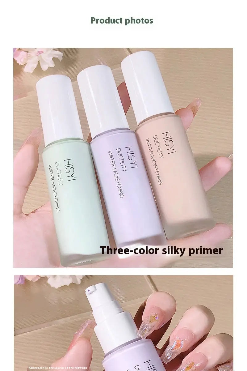 Hisyi silky clear makeup primer three color set featuring translucent green lavender and beige silky primer bottles with white caps.