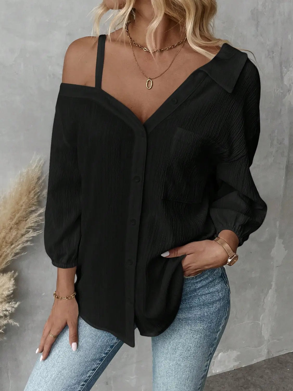 black off the shoulder solid color white asymmetric blouse with sheer textured fabric and puffed sleeves for fall style