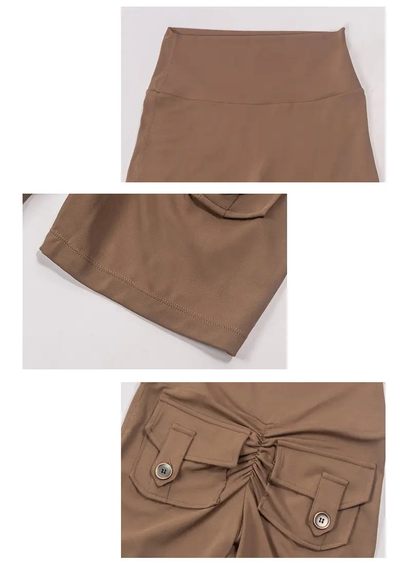 A taupe high waist hip lifting shorts with a smooth stretchy fabric and front pockets secured by silver buttons.