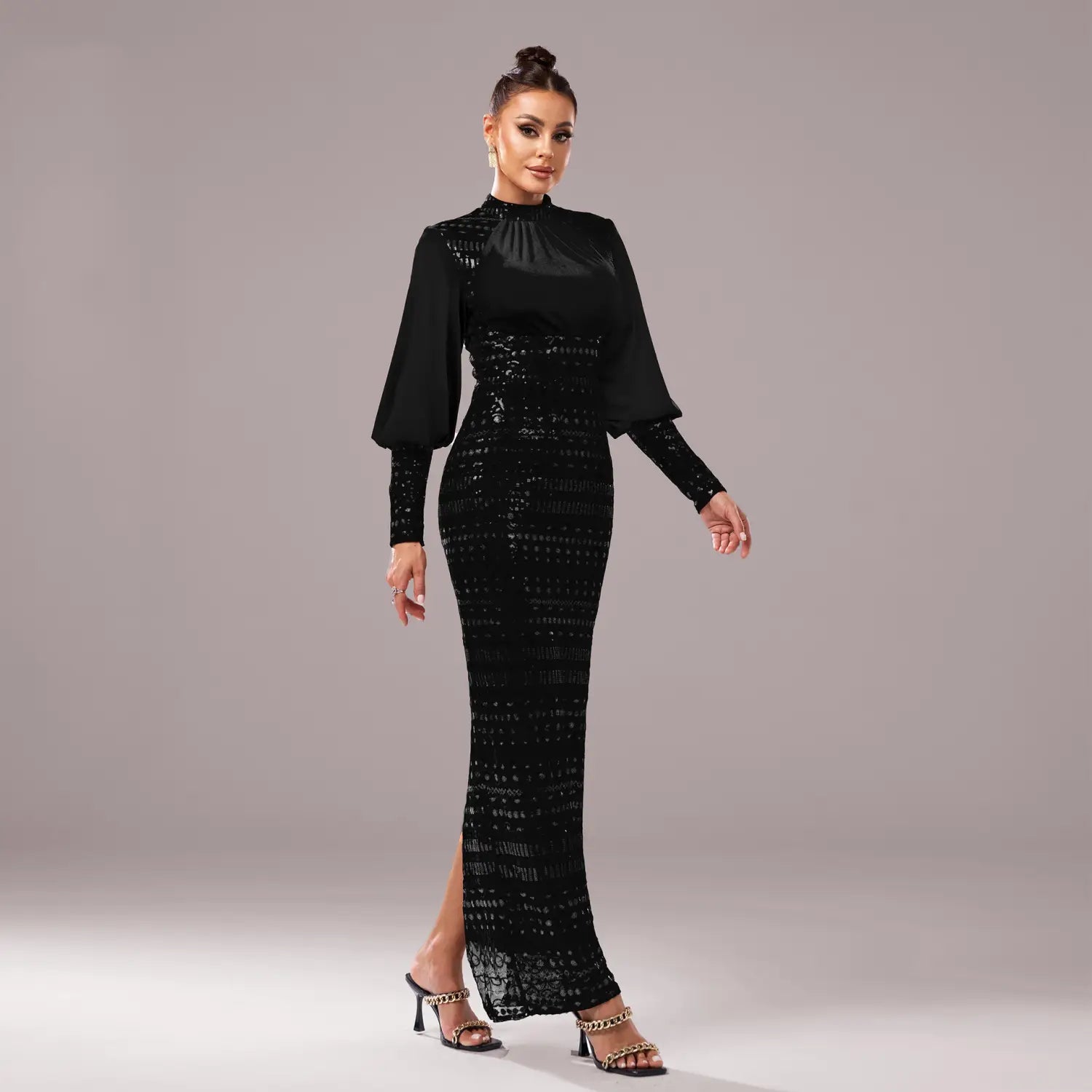 black sequined mermaid gown with sheer long sleeves and a long sleeve round neck design in a black lace long sleeve round neck sequined maxi dress