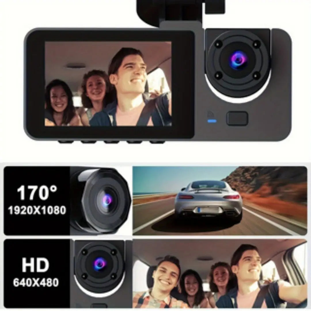 Black 4K ultra hd triple recording dash cam with a 170° wide-angle lens and hd resolution featuring a small screen displaying a smiling group of people in the car and designed for recording dash use.