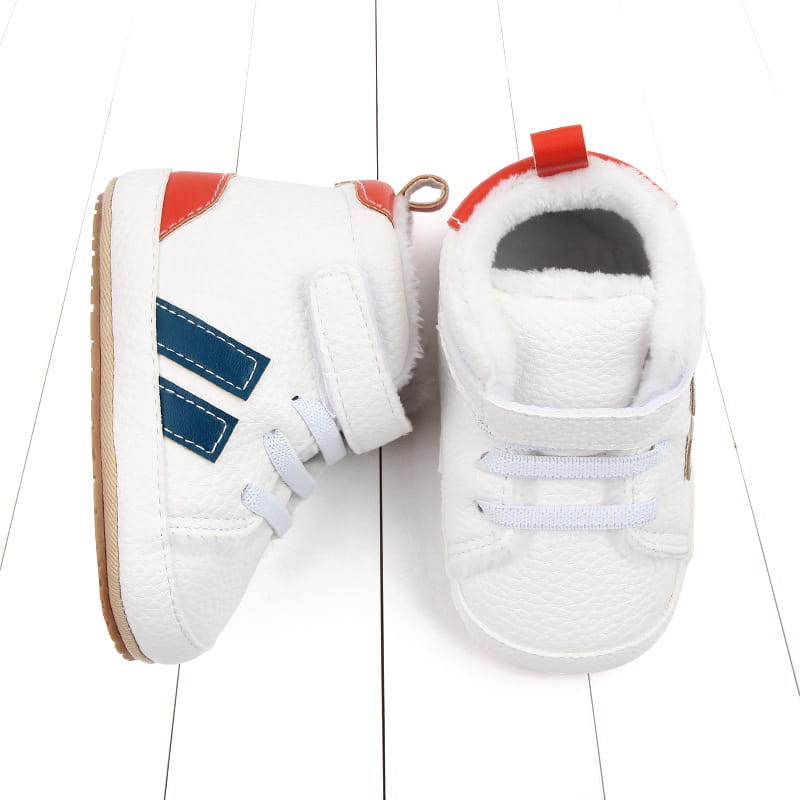 white baby shoes with red and navy blue accents featuring plush lined sports soft-sole cotton material and velcro straps for secure fit